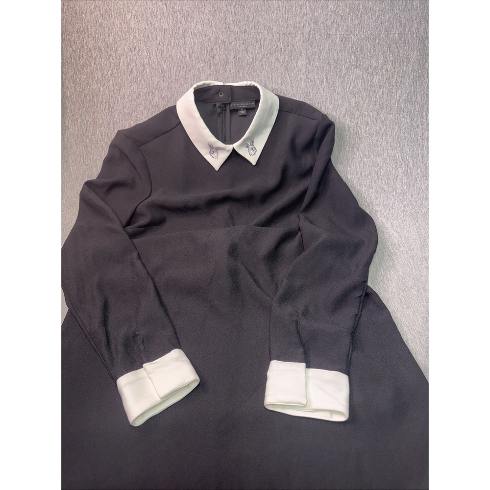 Victoria Beckham For Target Dress M Black White Rabbit Print Collar Long Sleeve